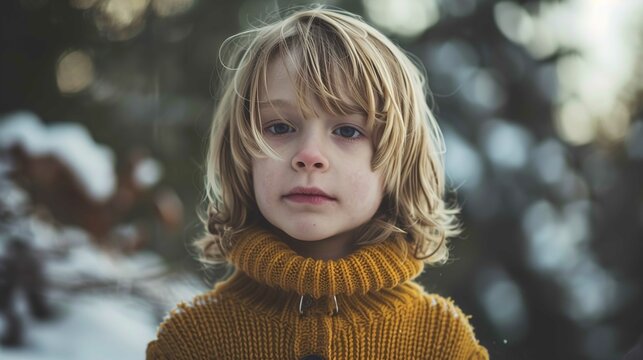 A child with a thoughtful expression is captured in a close-up portrait. The child has tousled blond hair that falls just past shoulder length and piercingly clear blue eyes, looking directly at the c
