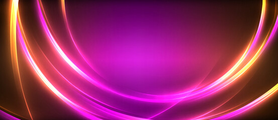 Neon glowing circle rays, light round lines in the dark, planet style neon wave lines. Energetic electric concept design for wallpaper, banner, background