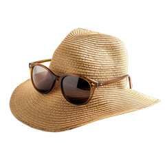 A fashionable straw sun hat and sunglasses provide stylish sun protection for a summer vacation at the beach