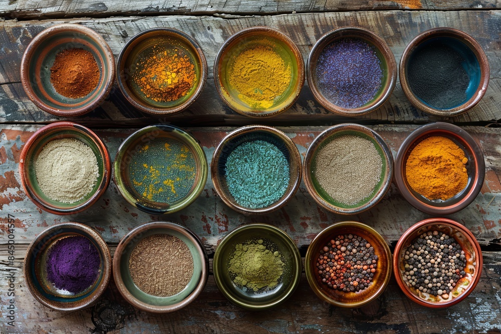 Poster A top-down view of various colorful spices in beautiful ceramic bowls arranged on a rustic wooden surface. Generative AI