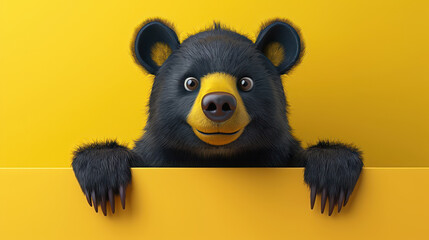 Naklejka premium Charming Black Bear Cartoon Illustration Posing Against Bright Yellow Background Friendly and Playful Animal Character Vibrant and Colorful Artwork for Children, Nature Enthusiasts, and Designers