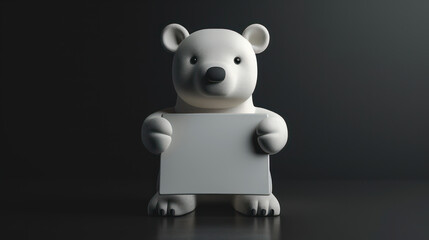 Minimalistic White Polar Bear Holding Blank Sign, Studio Shot on a Dark Background, Mascot with Empty Board, 3D Render, Signage Concept, Editable Space for Text or Logo, Cute Animal Character