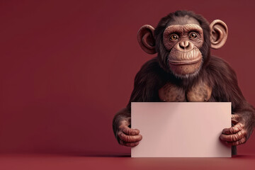 Playful Chimp Holding Blank Sign Against Maroon Background for Custom Messages or Creative Advertising