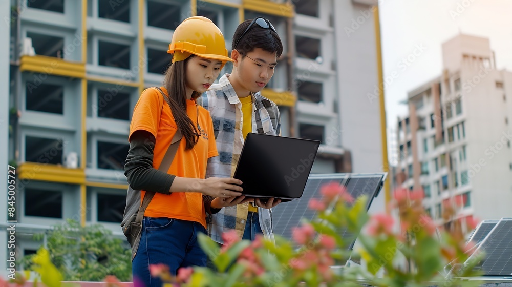 Aufkleber Professional Asian man and woman teamwork engineer and foreman using laptop working outdoor at construction site building rooftop Architecture inspector inspect building exterior struc : Generative AI