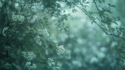 Soft blurry branches and flowers creating a sense of tranquility and escape within a natural canopy. .