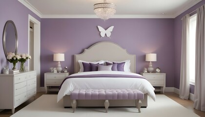 A high-definition shot of a serene bedroom, highlighting a round mirror above a dresser that reflects the room’s elegant design.