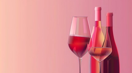 Wine abstract minimal flat design Glass of red and white sparkling wine champagne Wine bottles Restaurant menu invitation for an event festival party Wine tasting concept in red pink o : Generative AI