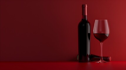 Bottle and glass of red wine on a red background Copy space : Generative AI