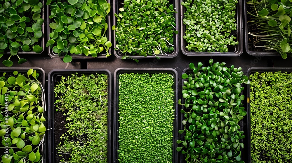 Poster A top-down view of a microgreen farm with rows of trays filled with various types of microgreens. Generative AI