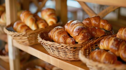 Home baked crescent buns displayed in baskets on a wooden shelf