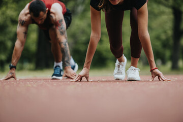 Two athletic friends prepare to sprint, focusing intently on the starting line at a track...