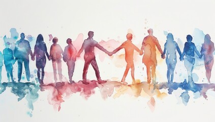 A watercolor illustration of people holding hands in an office setting, representing unity and support among colleagues.