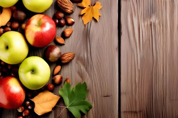 A variety of apples, nuts, and leaves arranged on a rustic wooden table.