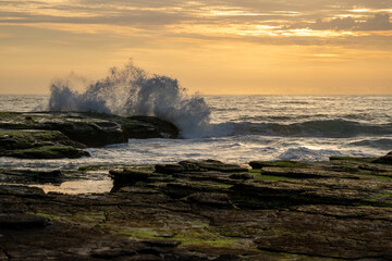 Sunrise beach cliffs green mossy rocks summers morning