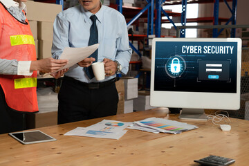 Cyber security system on computer screen protect private information snugly from hacker and cyber...