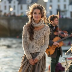 Young Irish Woman in Traditional Aran Sweater by River Corrib in Galway

