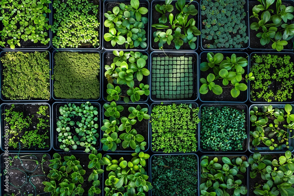 Poster A top-down view of a microgreen farm with numerous trays filled with different varieties of microgreens. Generative AI
