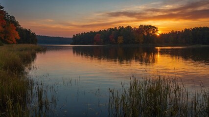 Obraz premium Tranquil lake mirrors warm colors of sunset. Sun partially hidden by trees adorned with autumn leaves. Sky transitions from orange to blue, reeds noticeable in foreground.