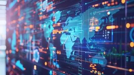Obraz premium Animation of global data processing and screen Global finance, business, connectivity, cloud computing