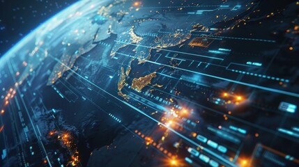 Animation of global data processing and screen Global finance, business, connectivity, cloud computing