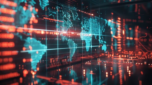 Animation of global data processing and screen Global finance, business, connectivity, cloud computing