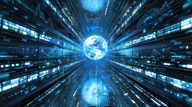 Animation of global data processing and screen Global finance, business, connectivity, cloud computing
