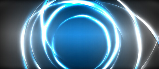 Neon glowing circle rays, light round lines in the dark, planet style neon wave lines. Energetic electric concept design for wallpaper, banner, background