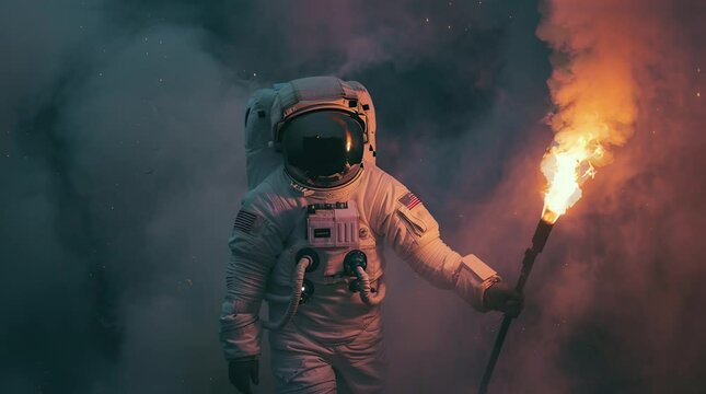Courageous astronaut holding a fire torch amidst thick black smoke in space
 Seamless looping 4k time-lapse virtual video animation background. Generated AI