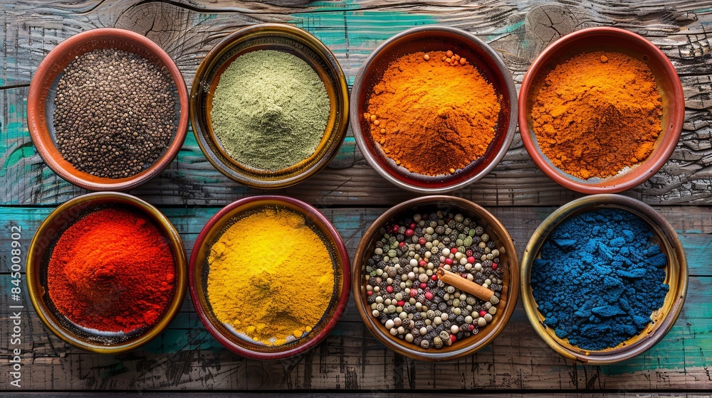 Aufkleber A top-down view of colorful spices arranged in beautiful ceramic bowls on a rustic wooden surface. Generative AI