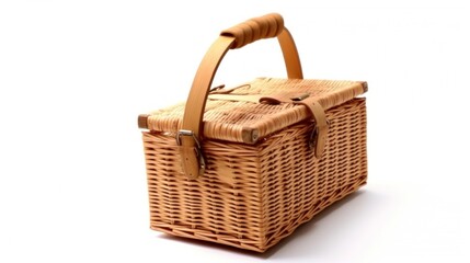 covered wicker picnic basket with protruding handle and metal hook on white background.
