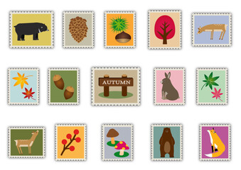 かわいい秋の切手風イラストセット