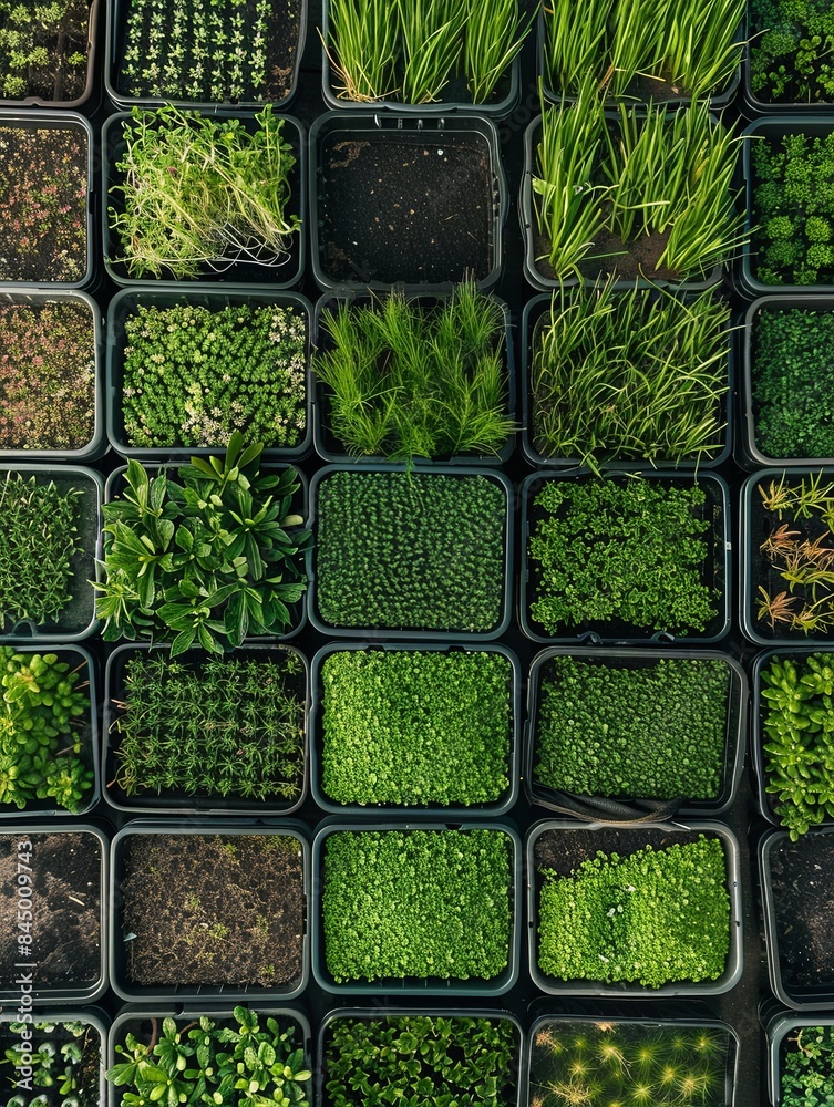 Poster A top-down view showcasing a microgreen farm with rows of trays filled with various types of microgreens. Generative AI