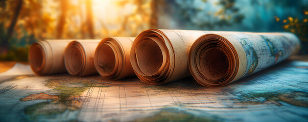 Rolled blueprints on a world map background