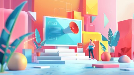 Fototapeta premium Vibrant showcasing digital marketing and lead techniques The image features a dynamic backdrop with geometric shapes patterns and colors highlighting elements like forms landing pages