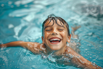 Boy swimming in a pool with evident delight, immersed in the cool water to escape the summer heat, symbolizing the enjoyment and relaxation of a fun-filled vacation