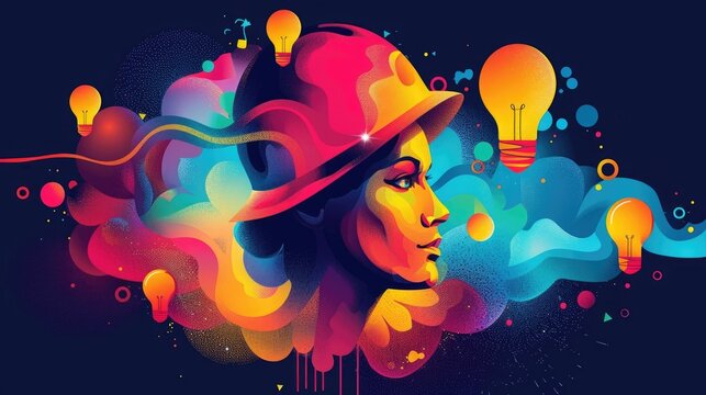 Vibrant and abstract depicting various creative problem solving frameworks and methodologies such as the Six Thinking Hats and TRIZ