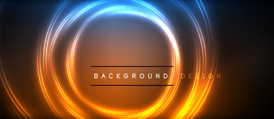 Neon glowing circle rays, light round lines in the dark, planet style neon wave lines. Energetic electric concept design for wallpaper, banner, background