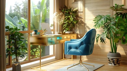 Fototapeta premium 3D rendering of a cozy home office interior with a golden desk