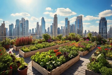 Fototapeta premium Urban Rooftop Garden: an urban rooftop transformed into a vibrant garden.