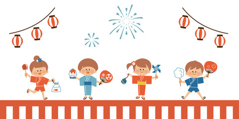 日本の夏祭り　盆踊り　浴衣を着て笑顔で立つ子供達