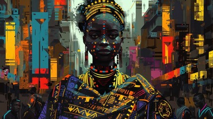 Proud and Vibrant African Woman Wearing a Magnificent Kente Cloth Garment Statuesque Posture Bold Colors and Geometric Designs Charcoal Sketch Chiaroscuro Afrofuturistic Cityscape