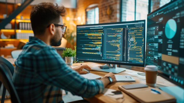 A focused software developer codes on a dual monitor setup in a modern office environment with a minimalist aesthetic. AIG41