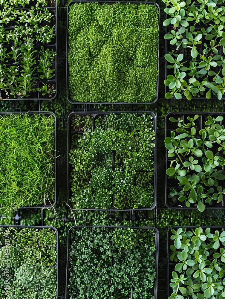 Leinwandbilder An overhead view of a microgreen farm, showcasing various types of microgreens grown in neatly arranged trays. Generative AI