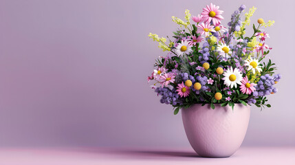 Fototapeta premium Beautiful spring flowers in a ceramic vase on a light purple background