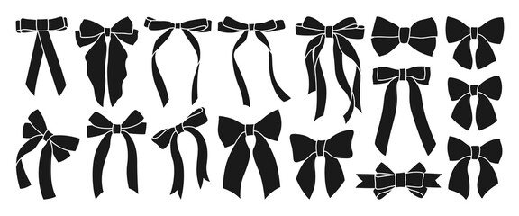 Ribbon bows stamp set. Trendy elegant simple sign bow for celebrations Valentines Day, wedding or birthday decoration. Various cartoon icon knot gift symbol tape ribbon accessory. Vector illustration