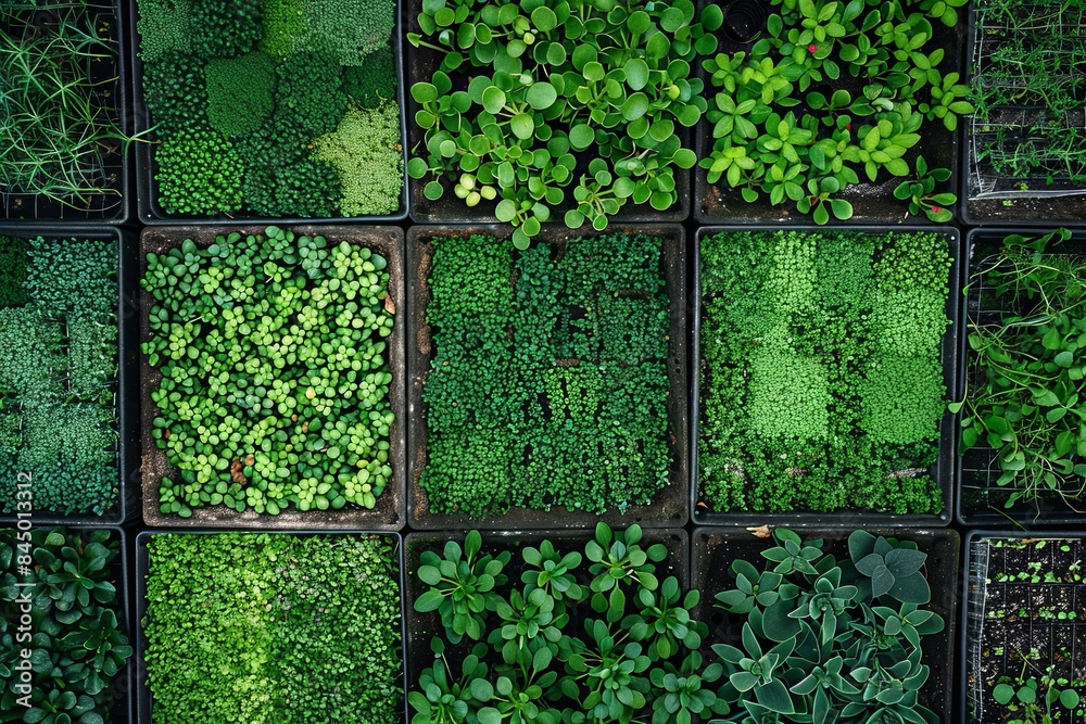 Poster A top-down view of a microgreen farm, showing rows of trays filled with different types of microgreens. Generative AI