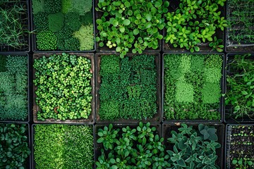 A top-down view of a microgreen farm, showing rows of trays filled with different types of microgreens. Generative AI
