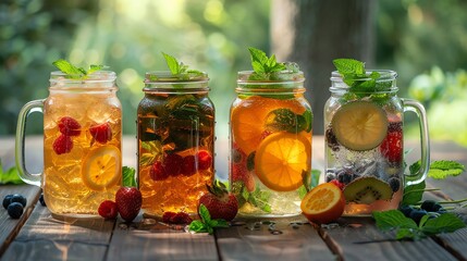 An assortment of iced teas with fruit slices and mint leaves in mason jars, set on a picnic table
