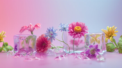 Obraz premium Ice Cube Botanical Beauty, Colorful flowers encased in clear ice cube