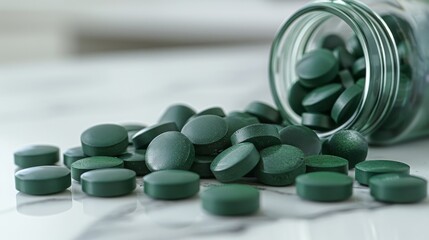 A glass jar of dark green spirulina tablets spills onto a white marble surface, highlighting the texture and color of the supplement.